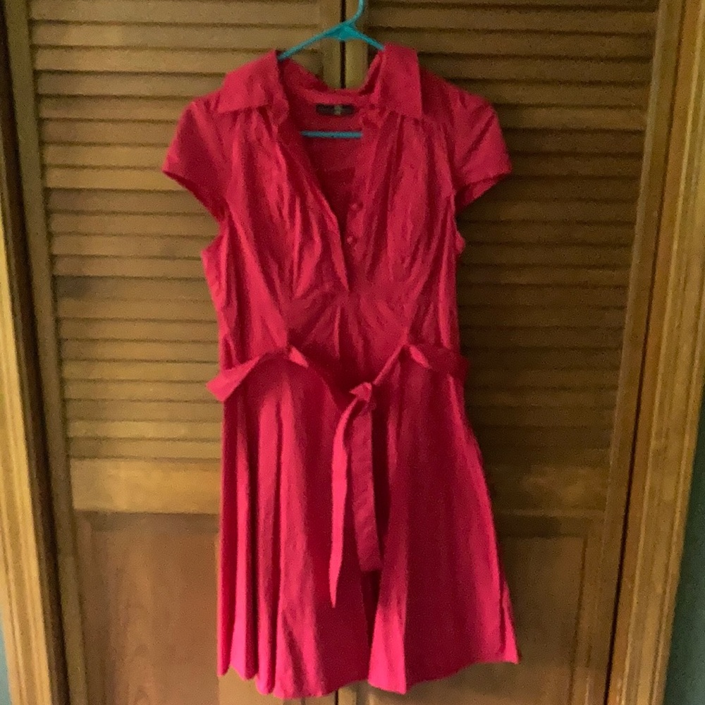 Red A-line cap-sleeve dress, no tags but probably M cotton/poly blend. Tie-waist